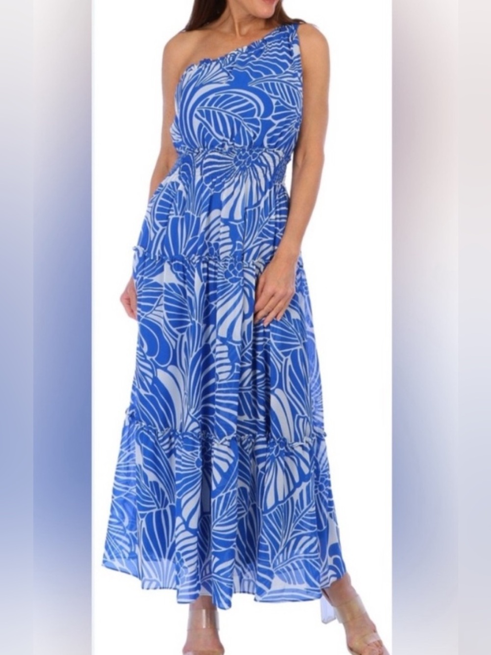 Taylor One-Shoulder Blue Leaf Print Maxi Dress Size 10